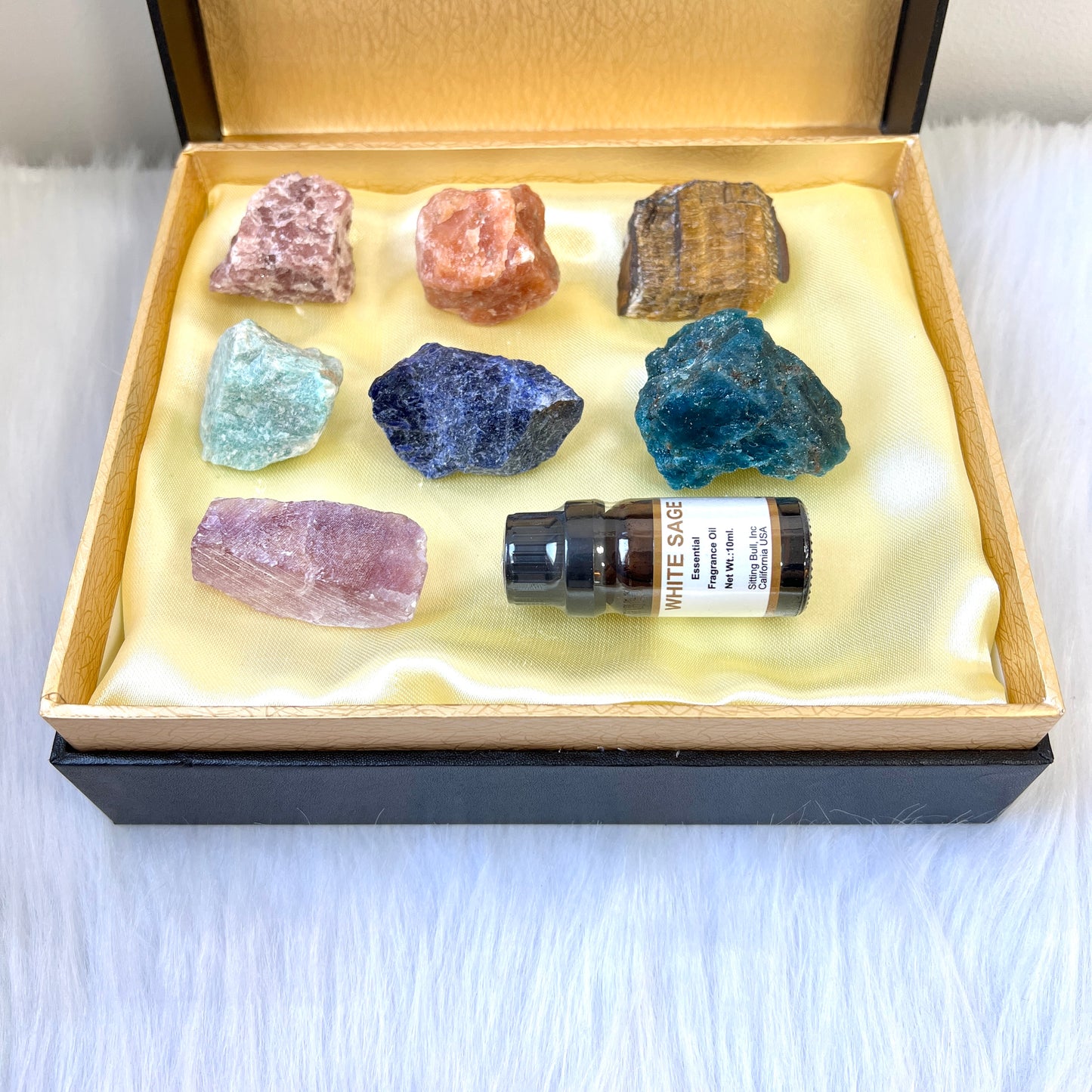 七轮水晶原石净化套装(白鼠尾草精油)