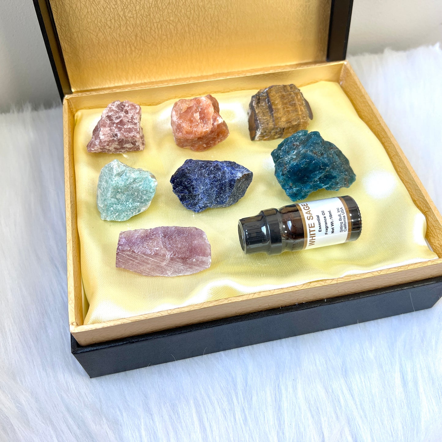 七轮水晶原石净化套装(白鼠尾草精油)