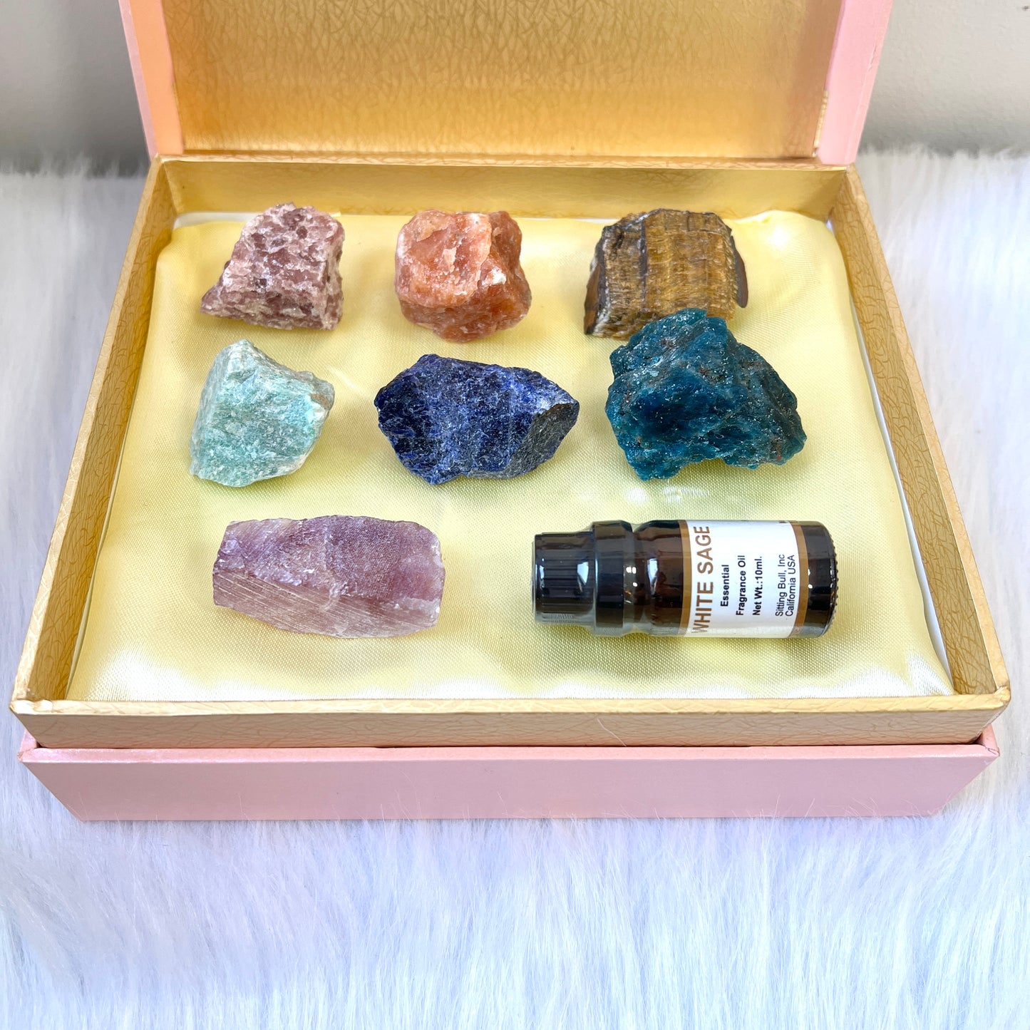 七轮水晶原石净化套装(白鼠尾草精油)